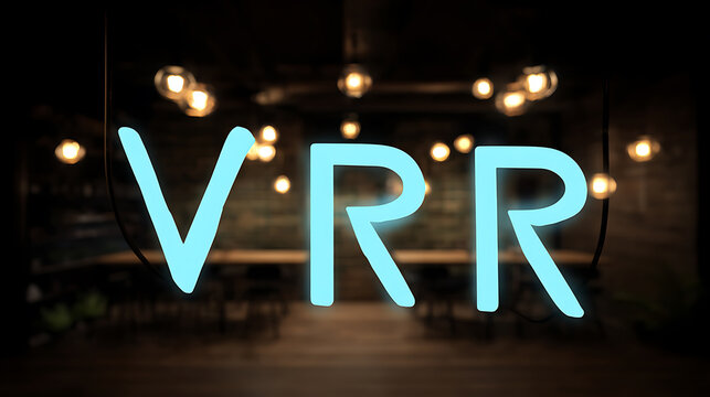 Neon sign displaying 'VRR' in a dimly lit indoor space with warm ambient lighting and blurred background furniture.