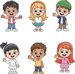 Cute cartoon kids characters standing happy together, smiling children group illustration, colorful design for school, education, learning, cad drawing flat vector illustration