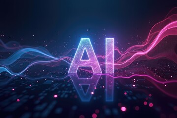 Glowing ai letters with blue and pink waves on a reflective surface with bokeh lights effect design