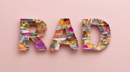 Creative Paper Collage of the Word RAD in Colorful Textures on a Soft Pink Background for Artistic Expression and Design Inspiration