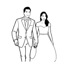 Black and White Vector Illustration of a Couple Man and Woman in Minimalistic Clean Line Art Style