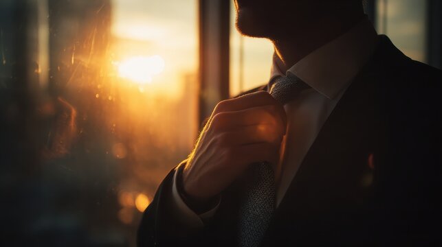 A businessman adjusts his tie while gazing out a window at sunset, symbolizing ambition and professionalism.