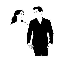 Black and White Vector Illustration of a Couple Man and Woman in Minimalistic Clean Line Art Style