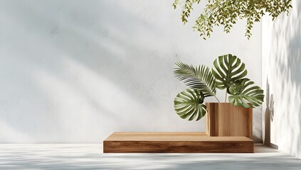 Product presentation background with a round wooden podium a minimal white wall and shadows from beautiful green tropical monstera and palm leaves