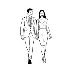 Black and White Vector Illustration of a Couple Man and Woman in Minimalistic Clean Line Art Style