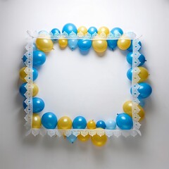 Fun and Vibrant Blue and Yellow Balloon Frame with Lace for a Party Backdrop