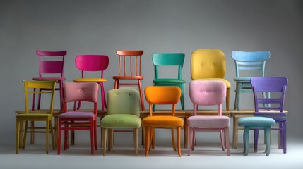 mismatched. A playful arrangement of mismatched chairs in vibrant colors, representing whimsical seating dilemmas. lifestyle magazines.