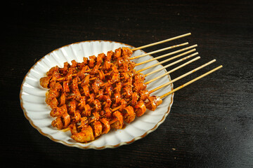Spicy Grilled Gluten Skewers Shaanxi Chinese Street Food Specialties on Bamboo Sticks