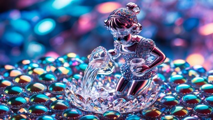 Sparkling crystal figurine of a girl pouring water on a sea of jewels, vibrant background.
