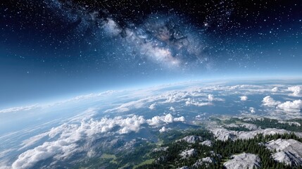 Breathtaking Earth Planet View from Space Featuring Milky Way Stars Clouds and Blue Atmosphere Layer