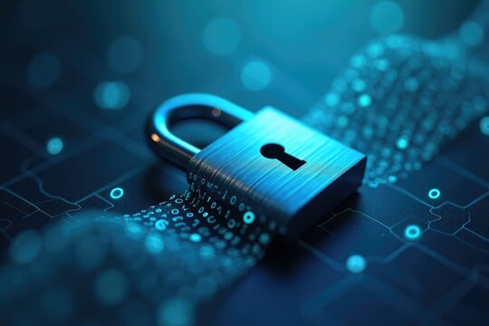 A metallic padlock on a dark surface with glowing blue circuitry and binary code around the lock