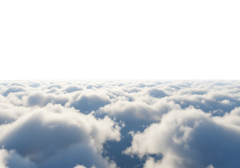 Illustration of a vast expanse of fluffy white clouds seen from above, with a clear white sky stretching to the horizon, isolated on transparent background on transparent background