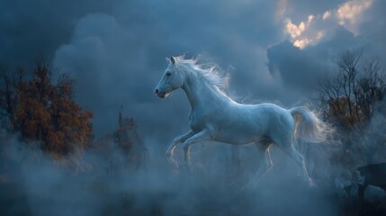 Fototapeta premium Majestic white horse gallops through a misty landscape at twilight hour