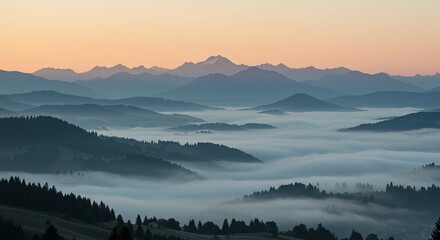 Fototapeta premium Serene mountain vista at dawn with soft fog rolling through valleys