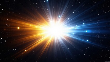 A dramatic celestial explosion radiates brilliant golden and icy blue light rays across a dark starry space background.
