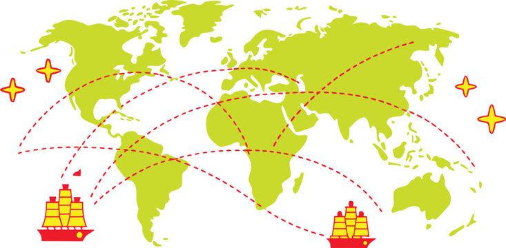 Global Trade Routes with Sailing Ships on World Map Illustration