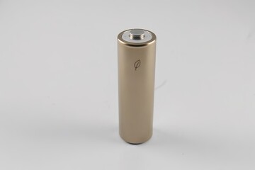Single rechargeable battery with eco-friendly symbol on plain background