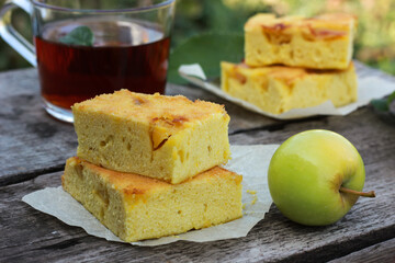 Charlotte apple pie on a wooden table among apples. A traditional autumn pie