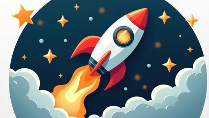 Naklejka premium A vibrant rocket ship blasts off into the night sky, leaving a trail of fiery clouds behind.