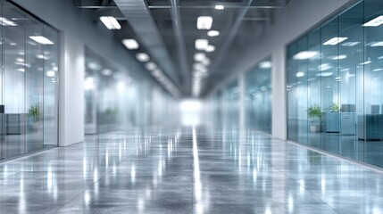 Blurred Office Hallway with Concrete Floor and Glass Walls in Corporate Building Interior with Metal Ceiling and Ducts