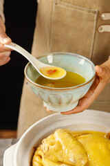 Mother Hen Chicken Soup with Yam - Traditional Nourishing Health Food in Ceramic Bowl