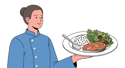 Dedicated chef presenting a meticulously crafted salmon dish for a refined dining culinary experience crafted with precision and care embodying