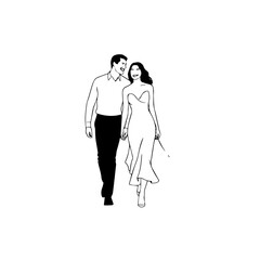 Black and White Vector Illustration of a Couple Man and Woman in Minimalistic Clean Line Art Style