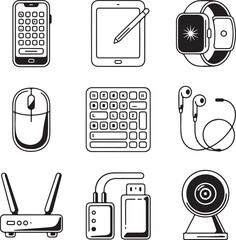 Black and white icons of modern technology gadgets and accessories smartphone tablet