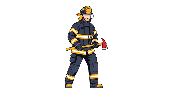 Illustrative portrayal of a courageous firefighter poised for action holding an axe representing bravery and readiness in a vibrant rescue operation