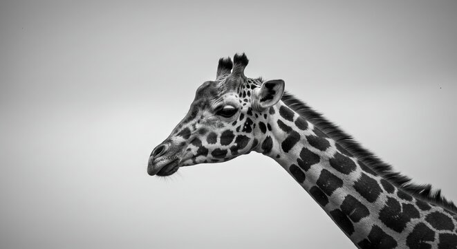 Striking black and white giraffe portrait with elegant patterns and calm expression