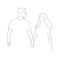 Black and White Vector Illustration of a Couple Man and Woman in Minimalistic Clean Line Art Style