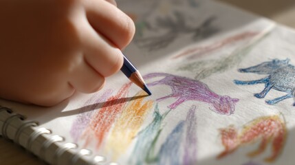 Child's hand holding a blue pencil and drawing on a notebook. the notebook is open and the child's fingers are visible on the left side of the image.