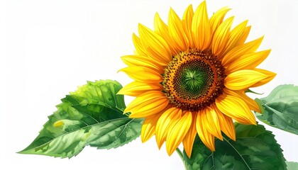 Obraz premium Vibrant sunflower with detailed petals and lush green leaves set against a stark white backdrop, creating a sense of natural beauty and freshness