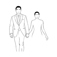 Black and White Vector Illustration of a Couple Man and Woman in Minimalistic Clean Line Art Style