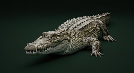 Naklejka premium Detailed image of a crocodile lying on a dark surface.