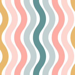 Raster illustration. Colorful groovy stripes with soft pastel colors seamless repeat pattern. Best for nursery wallpaper, upholstery and homedecor.