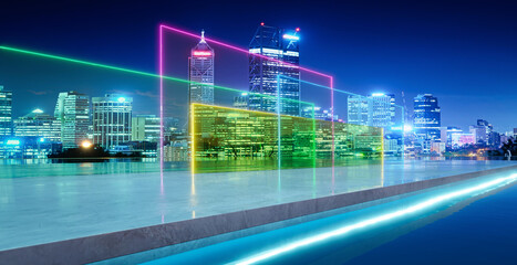3d rendering perth smart city at night with neon data frames