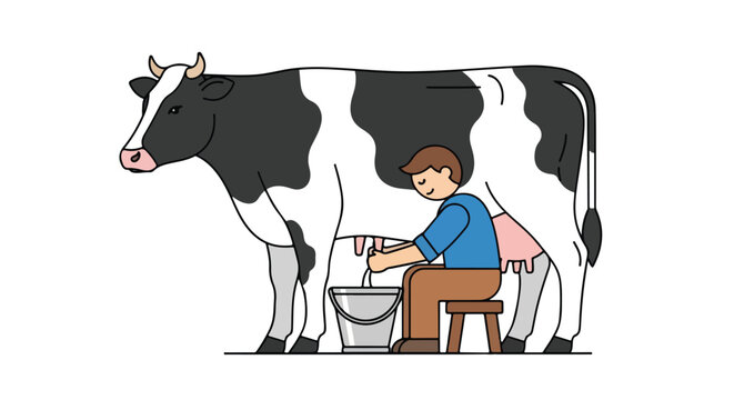 Simplified farmer milking a holstein cow by hand on a farm evoking rustic charm and rural simplicity illustration cartoonish style