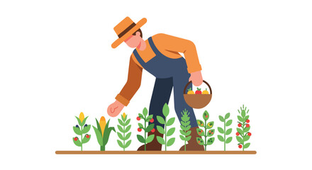 Farmer tending to crops: A minimalist illustration of sustainable agriculture practices on a sunny day, showcasing a commitment to growth and