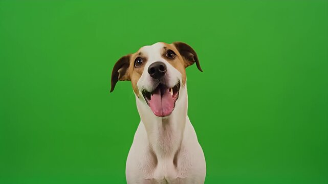 Adorable portrait of a smiling Jack Russell Terrier dog panting happily in front of a chroma key green background for easy editing