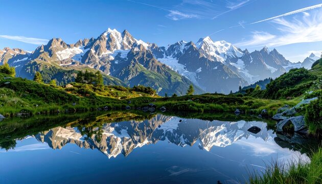 Mountain peaks, some snow-capped, mirrored in a tranquil lake, framed by lush greenery under a clear blue sky, creating a serene landscape - Powered by Adobe