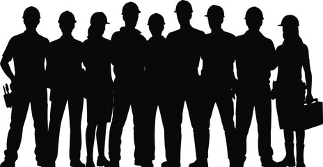 silhouette group of construction workers engineers architects builders team standing together teamwork industrial labor workforce safety helmets building industry project management 