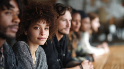 Obraz premium Group of young people sitting in a row, facing the camera. they are all looking towards the camera with serious expressions on their faces.