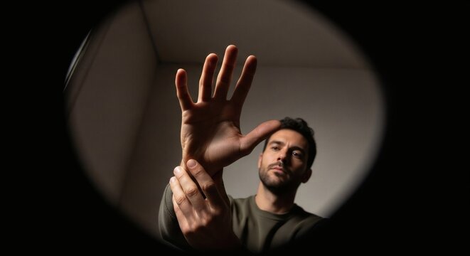 A man's hand is held up close, fingers splayed, as he looks intently forward, captured from a low, wide-angle perspective. - Powered by Adobe