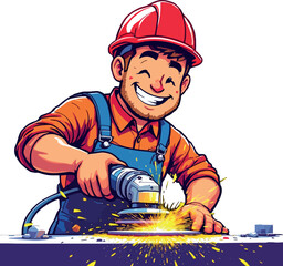 Vsai smiling worker grinding metal creating sparks
