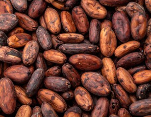 Obraz premium Raw Cocoa Beans Texture on Wooden Background for Culinary Use