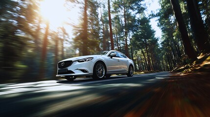 Fototapeta premium Modern white suv drives through sunlit forest road with lens flares