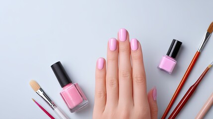 Elegant Pink Manicure Setup with Nail Polish Bottles and Brushes on Soft Background