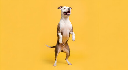 Joyful pit bull dog stands on hind legs with mouth open and tongue out, looking up with excitement against a vibrant yellow backdrop