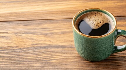 Warm Green Coffee Mug on Rustic Wooden Table with Coffee Inside